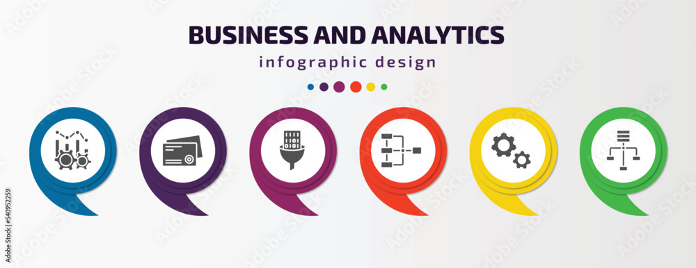 business and analytics infographic template with icons and 6 step or option. business and analytics icons such as production, business card, funneling data, data analytics flow, cogwheel hine part, business and analytics infographic template with icons and 6 step or option. business and analytics icons such as production, business card, funneling data, data analytics flow, cogwheel hine part,