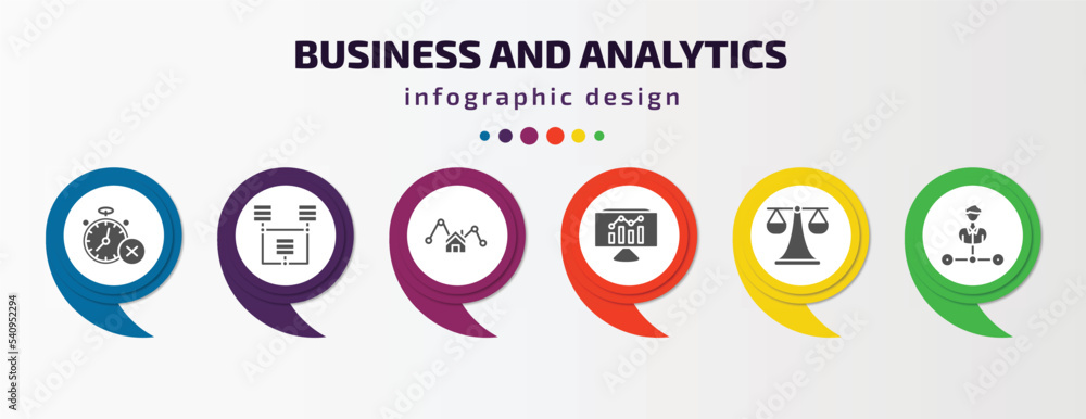 business and analytics infographic template with icons and 6 step or option. business and analytics icons such as time out, connected data, mortgage statistics, bars graphic on screen, legal, business and analytics infographic template with icons and 6 step or option. business and analytics icons such as time out, connected data, mortgage statistics, bars graphic on screen, legal,