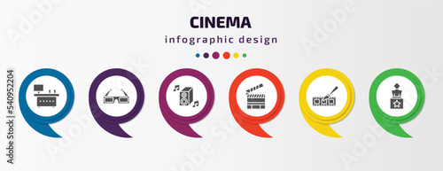 cinema infographic template with icons and 6 step or option. cinema icons such as cinema snack bar, 3d glass, loud woofer box, clapperboard, animation, award vector. can be used for banner, info
