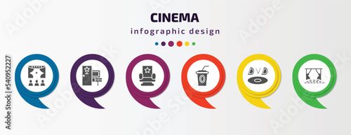 cinema infographic template with icons and 6 step or option. cinema icons such as people watching a movie, dressing room, cinema chair, papper cup with straw, dvd, screen vector. can be used for