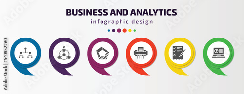business and analytics infographic template with icons and 6 step or option. business and analytics icons such as hierarchy, partnership, polygonal chart, shredder, revision, laptop profits graphics