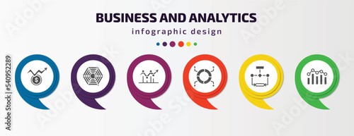 business and analytics infographic template with icons and 6 step or option. business and analytics icons such as dollar analysis bars, radar chart, dot, infographics, flow chart, bar stats vector.