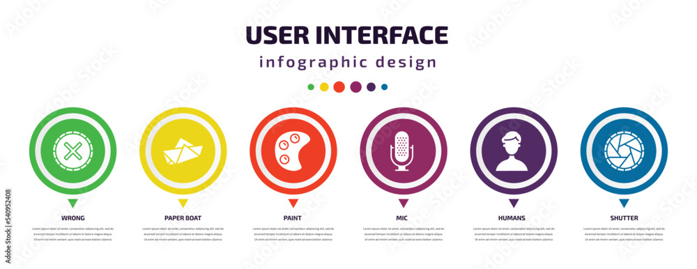 user interface infographic element with icons and 6 step or option. user interface icons such as wrong, paper boat, paint, mic, humans, shutter vector. can be used for banner, info graph, web, user interface infographic element with icons and 6 step or option. user interface icons such as wrong, paper boat, paint, mic, humans, shutter vector. can be used for banner, info graph, web,