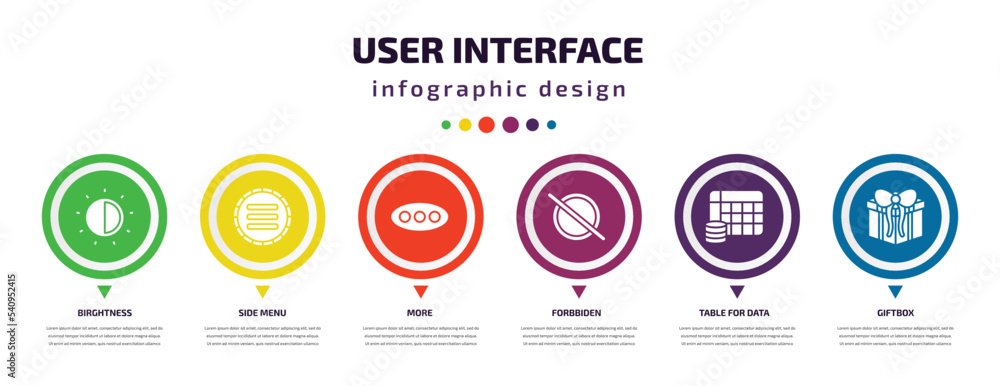 user interface infographic element with icons and 6 step or option. user interface icons such as birghtness, side menu, more, forbbiden, table for data, giftbox vector. can be used for banner, info user interface infographic element with icons and 6 step or option. user interface icons such as birghtness, side menu, more, forbbiden, table for data, giftbox vector. can be used for banner, info