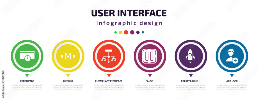 user interface infographic element with icons and 6 step or option. user interface icons such as error page, medium, flow chart interface, pause, rocket launch, add user vector. can be used for user interface infographic element with icons and 6 step or option. user interface icons such as error page, medium, flow chart interface, pause, rocket launch, add user vector. can be used for