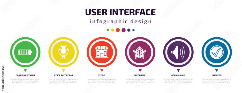 user interface infographic element with icons and 6 step or option. user interface icons such as charging status, voice recording, store, favourite, high volume, checked vector. can be used for user interface infographic element with icons and 6 step or option. user interface icons such as charging status, voice recording, store, favourite, high volume, checked vector. can be used for