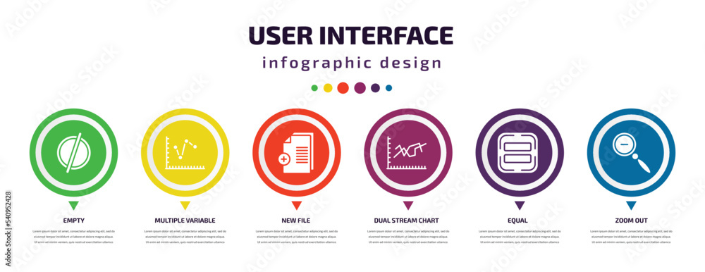 user interface infographic element with icons and 6 step or option. user interface icons such as empty, multiple variable lines, new file, dual stream chart, equal, zoom out vector. can be used for user interface infographic element with icons and 6 step or option. user interface icons such as empty, multiple variable lines, new file, dual stream chart, equal, zoom out vector. can be used for