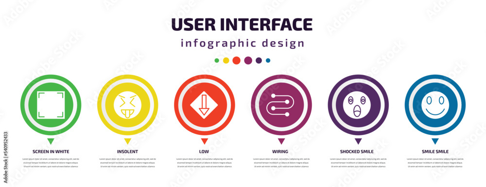 user interface infographic element with icons and 6 step or option. user interface icons such as screen in white, insolent, low, wiring, shocked smile, smile smile vector. can be used for banner, user interface infographic element with icons and 6 step or option. user interface icons such as screen in white, insolent, low, wiring, shocked smile, smile smile vector. can be used for banner,