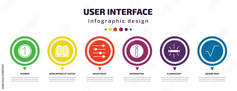 user interface infographic element with icons and 6 step or option. user interface icons such as number, book opened at center, adjustment, information, fluorescent, square root vector. can be used user interface infographic element with icons and 6 step or option. user interface icons such as number, book opened at center, adjustment, information, fluorescent, square root vector. can be used
