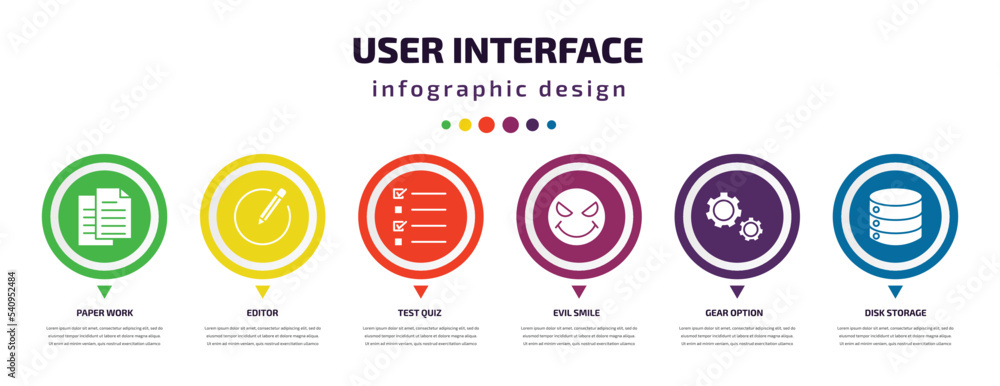 user interface infographic element with icons and 6 step or option. user interface icons such as paper work, editor, test quiz, evil smile, gear option, disk storage vector. can be used for banner, user interface infographic element with icons and 6 step or option. user interface icons such as paper work, editor, test quiz, evil smile, gear option, disk storage vector. can be used for banner,