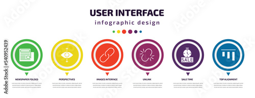 user interface infographic element with icons and 6 step or option. user interface icons such as newspaper folded, perspectives, images interface, unlink, sale time, top alignment vector. can be