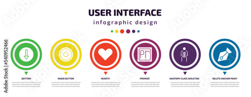 user interface infographic element with icons and 6 step or option. user interface icons such as bottom, radio button, hearth, premier, anatomy class skeleton, delete anchor point vector. can be