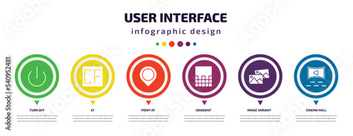 user interface infographic element with icons and 6 step or option. user interface icons such as turn off, cf, point at, gradient, image variant, cinema hall vector. can be used for banner, info