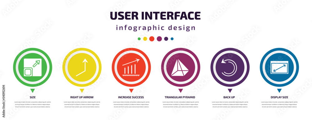 user interface infographic element with icons and 6 step or option. user interface icons such as size, right up arrow, increase success, triangular pyramid, back up, display size vector. can be used user interface infographic element with icons and 6 step or option. user interface icons such as size, right up arrow, increase success, triangular pyramid, back up, display size vector. can be used