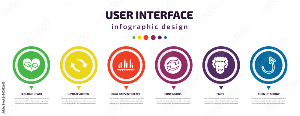 user interface infographic element with icons and 6 step or option. user interface icons such as ecologic heart, update arrow, dual bars interface, continuous, emot, turn up arrow vector. can be user interface infographic element with icons and 6 step or option. user interface icons such as ecologic heart, update arrow, dual bars interface, continuous, emot, turn up arrow vector. can be