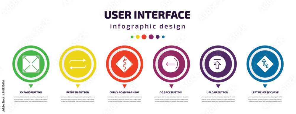 user interface infographic element with icons and 6 step or option. user interface icons such as expand button, refresh button, curvy road warning, go back button, upload left reverse curve vector. user interface infographic element with icons and 6 step or option. user interface icons such as expand button, refresh button, curvy road warning, go back button, upload left reverse curve vector.