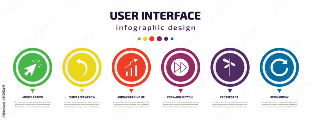 user interface infographic element with icons and 6 step or option. user interface icons such as mouse arrow, curve left arrow, arrow heading up, forward button, crossroads, redo vector. can be used user interface infographic element with icons and 6 step or option. user interface icons such as mouse arrow, curve left arrow, arrow heading up, forward button, crossroads, redo vector. can be used