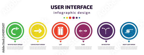 user interface infographic element with icons and 6 step or option. user interface icons such as rotated right arrow, curved right arrow, lift, turn, bifurcation, right loop arrow vector. can be