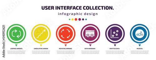 user interface collection. infographic element with icons and 6 step or option. user interface collection. icons such as looping arrows, undulating arrow, rotating arrows, data windows, spotted