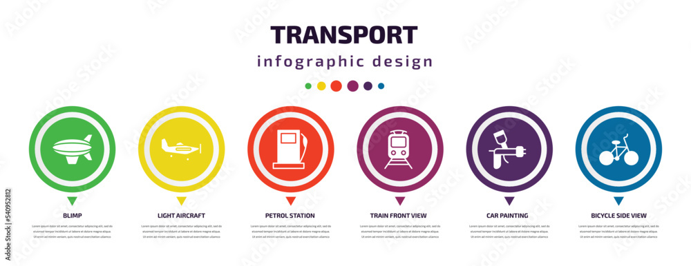 transport infographic element with icons and 6 step or option. transport icons such as blimp, light aircraft, petrol station, train front view, car painting, bicycle side view vector. can be used transport infographic element with icons and 6 step or option. transport icons such as blimp, light aircraft, petrol station, train front view, car painting, bicycle side view vector. can be used