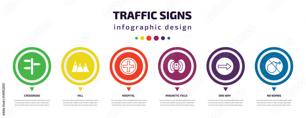 traffic signs infographic element with icons and 6 step or option. traffic signs icons such as crossroad, hill, hospital, magnetic field, one way, no bombs vector. can be used for banner, info traffic signs infographic element with icons and 6 step or option. traffic signs icons such as crossroad, hill, hospital, magnetic field, one way, no bombs vector. can be used for banner, info