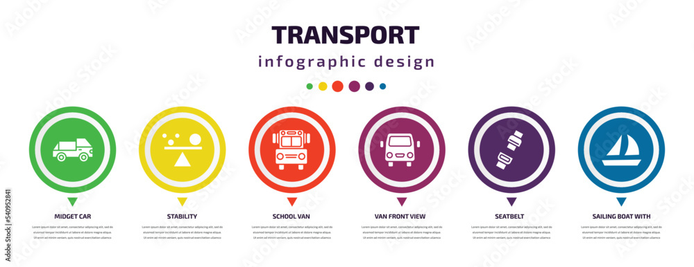 transport infographic element with icons and 6 step or option. transport icons such as midget car, stability, school van, van front view, seatbelt, sailing boat with veils vector. can be used for transport infographic element with icons and 6 step or option. transport icons such as midget car, stability, school van, van front view, seatbelt, sailing boat with veils vector. can be used for
