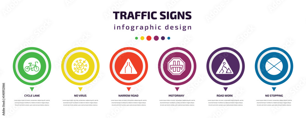 traffic signs infographic element with icons and 6 step or option. traffic signs icons such as cycle lane, no virus, narrow road, motorway, road work, no stopping vector. can be used for banner, traffic signs infographic element with icons and 6 step or option. traffic signs icons such as cycle lane, no virus, narrow road, motorway, road work, no stopping vector. can be used for banner,