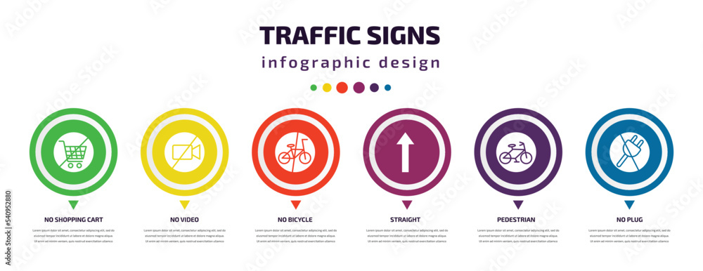 traffic signs infographic element with icons and 6 step or option. traffic signs icons such as no shopping cart, no video, no bicycle, straight, pedestrian, plug vector. can be used for banner, info traffic signs infographic element with icons and 6 step or option. traffic signs icons such as no shopping cart, no video, no bicycle, straight, pedestrian, plug vector. can be used for banner, info