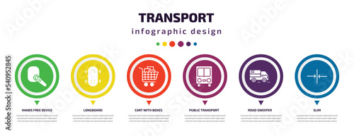 transport infographic element with icons and 6 step or option. transport icons such as hands free device, longboard, cart with boxes, public transport, road sweeper, slim vector. can be used for