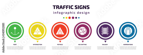 traffic signs infographic element with icons and 6 step or option. traffic signs icons such as port, intersection, pothole, no chatting, railway, narrow road vector. can be used for banner, info