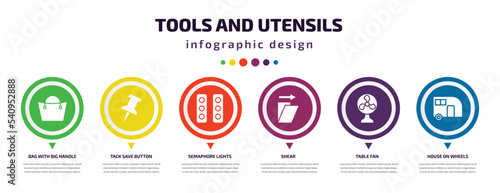 tools and utensils infographic element with icons and 6 step or option. tools and utensils icons such as bag with big handle, tack save button, semaphore lights, shear, table fan, house on wheels