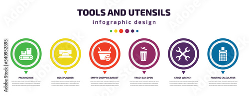 tools and utensils infographic element with icons and 6 step or option. tools and utensils icons such as packing hine, hole puncher, empty shopping basket, trash can open, cross wrench, printing photo