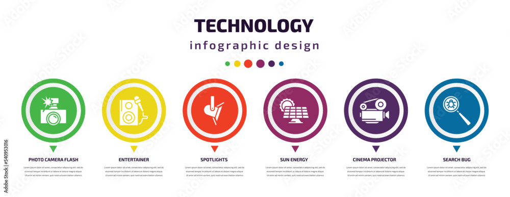technology infographic element with icons and 6 step or option. technology icons such as photo camera flash, entertainer, spotlights, sun energy, cinema projector, search bug vector. can be used for technology infographic element with icons and 6 step or option. technology icons such as photo camera flash, entertainer, spotlights, sun energy, cinema projector, search bug vector. can be used for