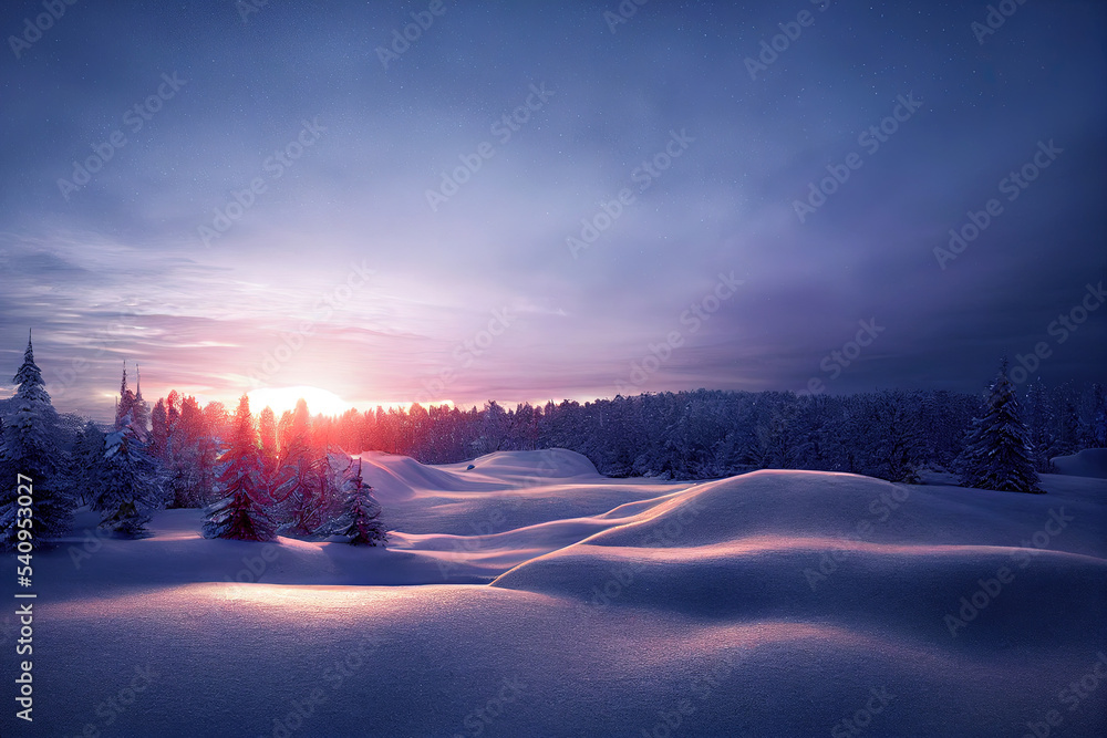 Winter landscape at sunrise