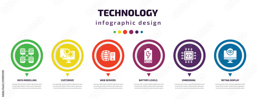 technology infographic element with icons and 6 step or option. technology icons such as data modelling, customize, web servers, battery levels, embedding, retina display vector. can be used for technology infographic element with icons and 6 step or option. technology icons such as data modelling, customize, web servers, battery levels, embedding, retina display vector. can be used for
