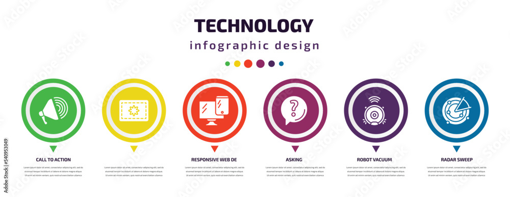 technology infographic element with icons and 6 step or option. technology icons such as call to action, , responsive web de, asking, robot vacuum, radar sweep vector. can be used for banner, info technology infographic element with icons and 6 step or option. technology icons such as call to action, , responsive web de, asking, robot vacuum, radar sweep vector. can be used for banner, info