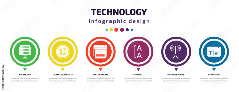 technology infographic element with icons and 6 step or option. technology icons such as front end, digital number 15, declarations, leading, internet value, serif font vector. can be used for technology infographic element with icons and 6 step or option. technology icons such as front end, digital number 15, declarations, leading, internet value, serif font vector. can be used for