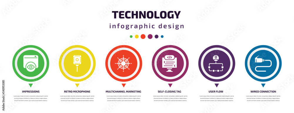 technology infographic element with icons and 6 step or option. technology icons such as impressions, retro microphone, multichannel marketing, self-closing tag, user flow, wired connection vector. technology infographic element with icons and 6 step or option. technology icons such as impressions, retro microphone, multichannel marketing, self-closing tag, user flow, wired connection vector.
