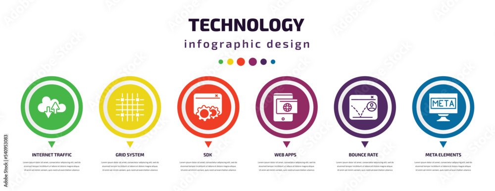 technology infographic element with icons and 6 step or option. technology icons such as internet traffic, grid system, sdk, web apps, bounce rate, meta elements vector. can be used for banner, info technology infographic element with icons and 6 step or option. technology icons such as internet traffic, grid system, sdk, web apps, bounce rate, meta elements vector. can be used for banner, info