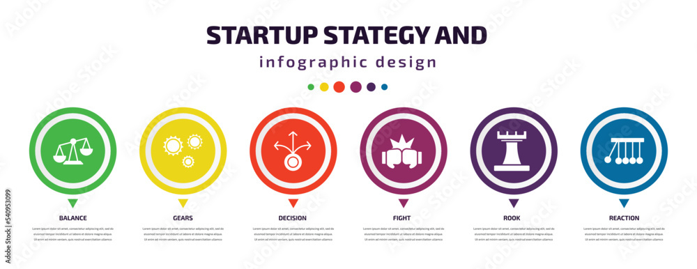 startup stategy and infographic element with icons and 6 step or option. startup stategy and icons such as balance, gears, decision, fight, rook, reaction vector. can be used for banner, info graph, startup stategy and infographic element with icons and 6 step or option. startup stategy and icons such as balance, gears, decision, fight, rook, reaction vector. can be used for banner, info graph,