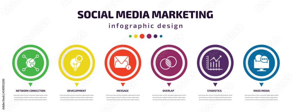 social media marketing infographic element with icons and 6 step or option. social media marketing icons such as network conecction, development, message, overlap, stadistics, mass media vector. can social media marketing infographic element with icons and 6 step or option. social media marketing icons such as network conecction, development, message, overlap, stadistics, mass media vector. can