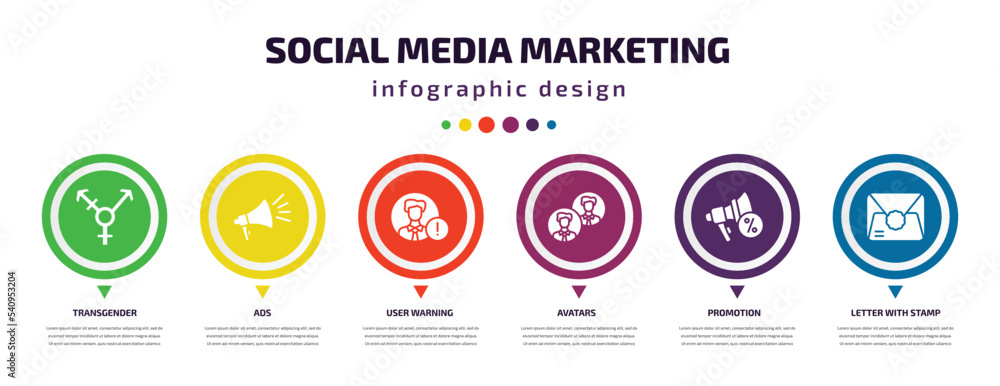social media marketing infographic element with icons and 6 step or option. social media marketing icons such as transgender, ads, user warning, avatars, promotion, letter with stamp vector. can be social media marketing infographic element with icons and 6 step or option. social media marketing icons such as transgender, ads, user warning, avatars, promotion, letter with stamp vector. can be
