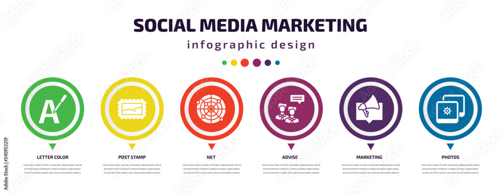 social media marketing infographic element with icons and 6 step or option. social media marketing icons such as letter color, post stamp, net, advise, marketing, photos vector. can be used for social media marketing infographic element with icons and 6 step or option. social media marketing icons such as letter color, post stamp, net, advise, marketing, photos vector. can be used for