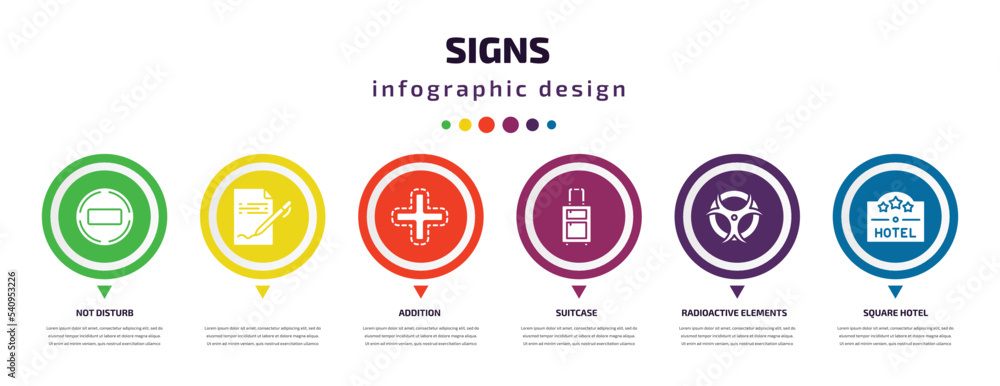 signs infographic element with icons and 6 step or option. signs icons such as not disturb, , addition, suitcase, radioactive elements, square hotel vector. can be used for banner, info graph, web, signs infographic element with icons and 6 step or option. signs icons such as not disturb, , addition, suitcase, radioactive elements, square hotel vector. can be used for banner, info graph, web,