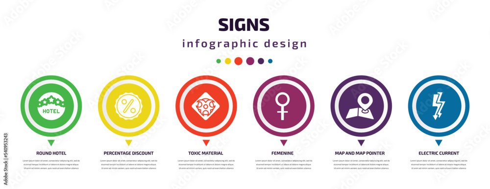 signs infographic element with icons and 6 step or option. signs icons such as round hotel, percentage discount, toxic material, femenine, map and map pointer, electric current vector. can be used signs infographic element with icons and 6 step or option. signs icons such as round hotel, percentage discount, toxic material, femenine, map and map pointer, electric current vector. can be used