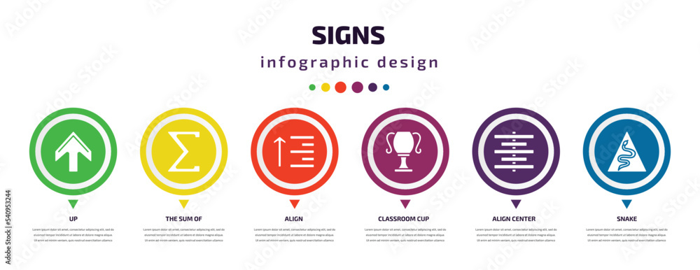 signs infographic element with icons and 6 step or option. signs icons such as up, the sum of, align, classroom cup, align center, snake vector. can be used for banner, info graph, web,