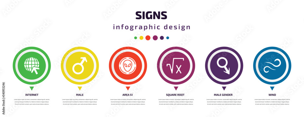 signs infographic element with icons and 6 step or option. signs icons such as internet, male, area 51, square root, male gender, wind vector. can be used for banner, info graph, web, presentations. signs infographic element with icons and 6 step or option. signs icons such as internet, male, area 51, square root, male gender, wind vector. can be used for banner, info graph, web, presentations.