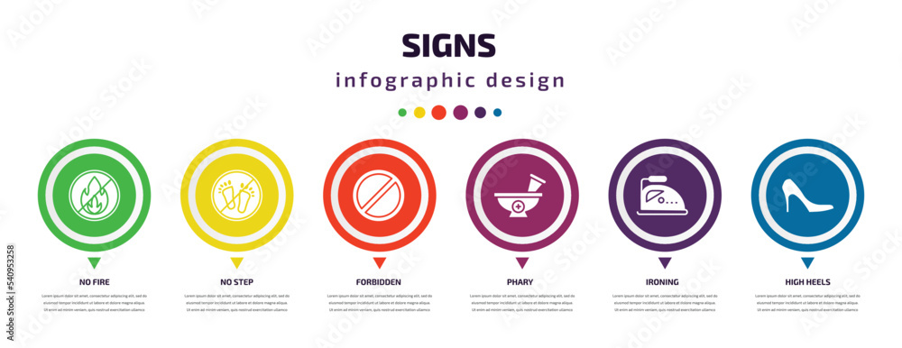 signs infographic element with icons and 6 step or option. signs icons such as no fire, no step, forbidden, phary, ironing, high heels vector. can be used for banner, info graph, web, presentations. signs infographic element with icons and 6 step or option. signs icons such as no fire, no step, forbidden, phary, ironing, high heels vector. can be used for banner, info graph, web, presentations.