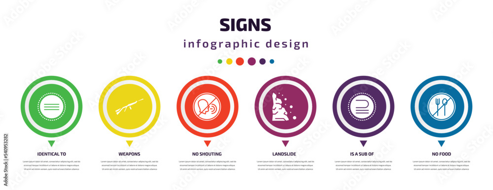 signs infographic element with icons and 6 step or option. signs icons such as identical to, weapons, no shouting, landslide, is a sub of, no food vector. can be used for banner, info graph, web, signs infographic element with icons and 6 step or option. signs icons such as identical to, weapons, no shouting, landslide, is a sub of, no food vector. can be used for banner, info graph, web,