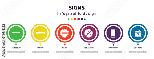 signs infographic element with icons and 6 step or option. signs icons such as skateboard, one way, traffic, no bleaching, smarthphone, lost items vector. can be used for banner, info graph, web,